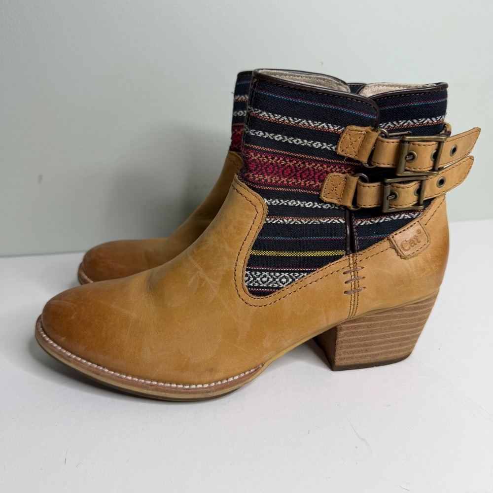 Authentic CAT Caterpillar Women 9.5 Tan Leather Woven Boho Buckle Ankle Boots